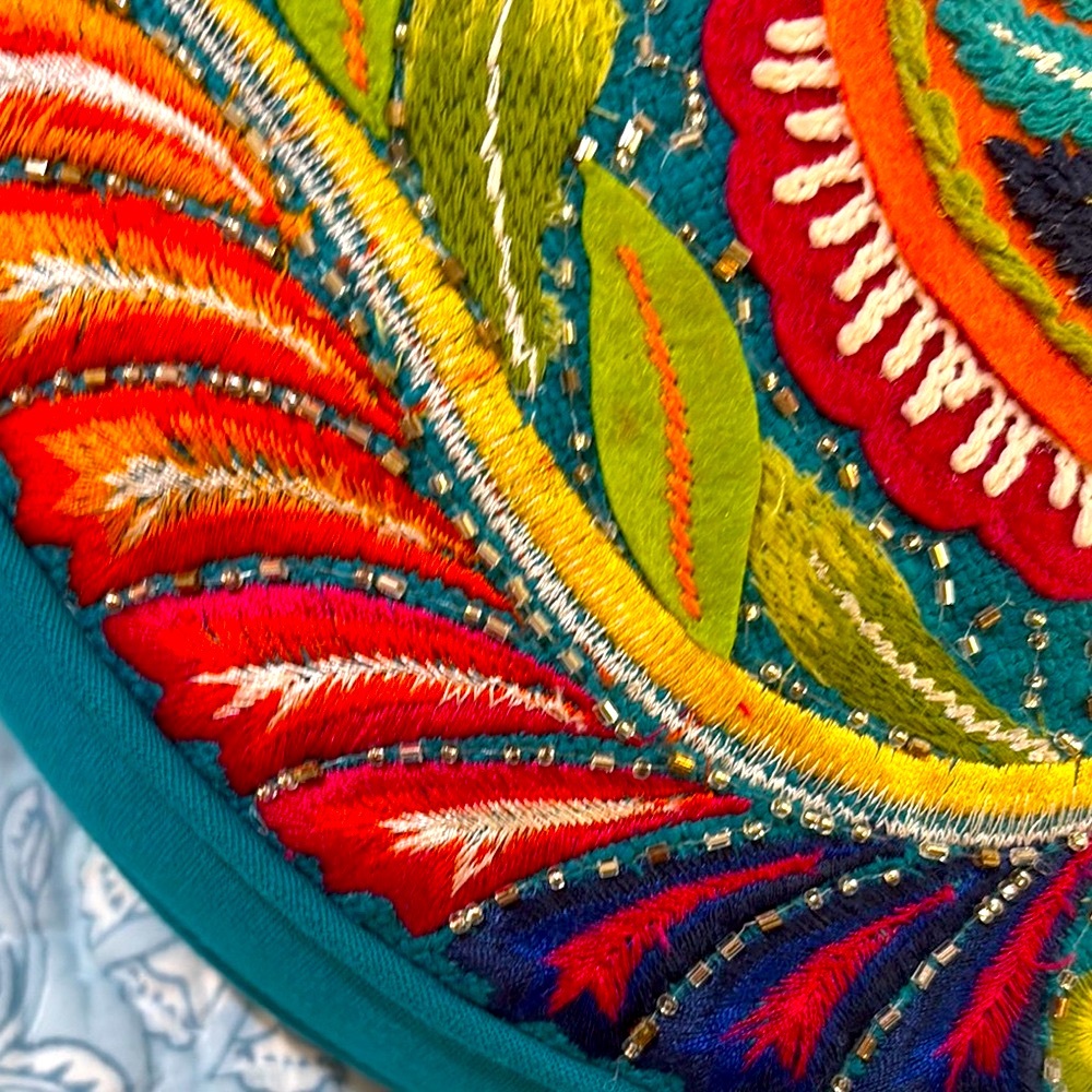 NWOT- Colorful Embroidered Teardrop Accent Pillow, unique, perfect condition - Picture 7 of 16